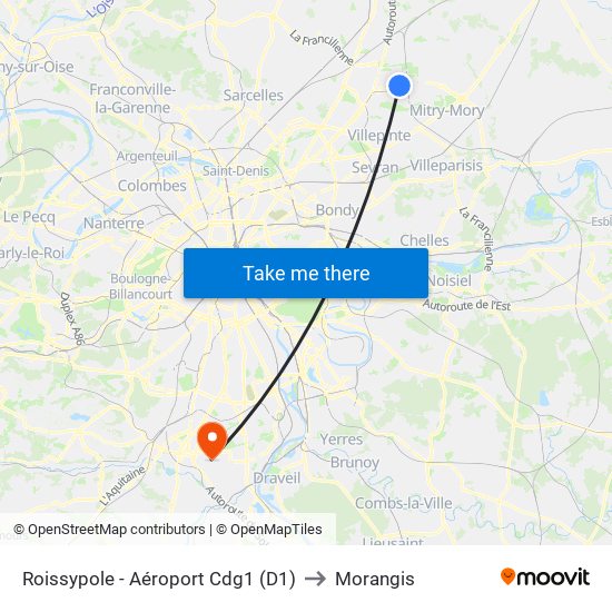 Roissypole - Aéroport Cdg1 (D1) to Morangis map