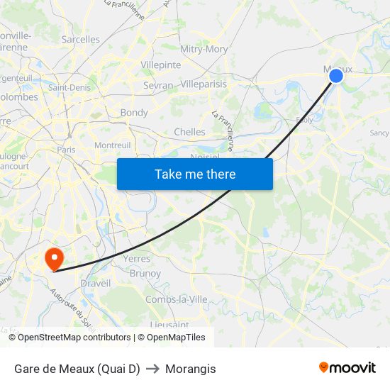 Gare de Meaux (Quai D) to Morangis map