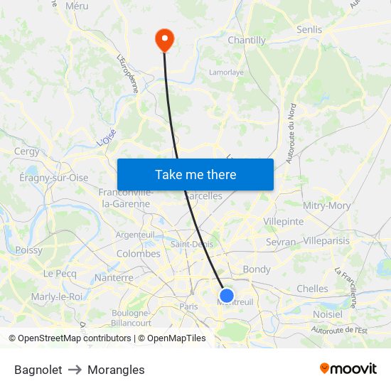 Bagnolet to Morangles map