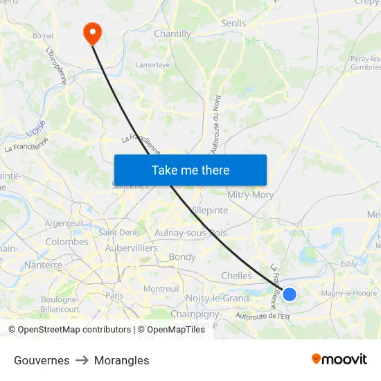 Gouvernes to Morangles map