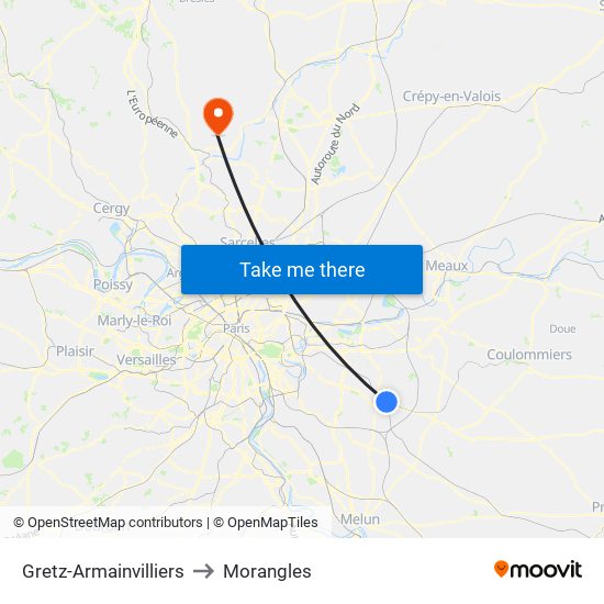 Gretz-Armainvilliers to Morangles map