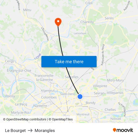 Le Bourget to Morangles map