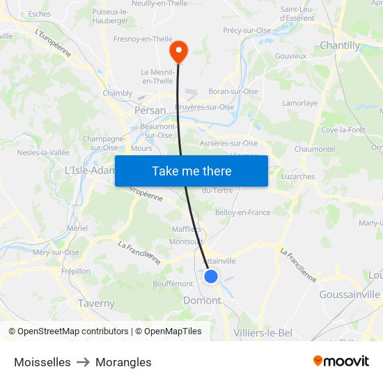 Moisselles to Morangles map