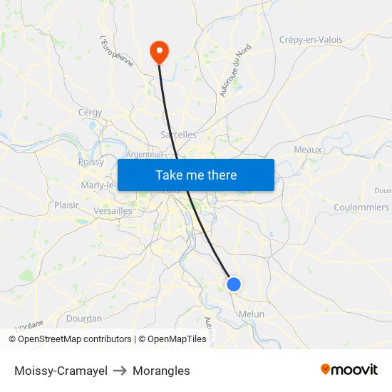 Moissy-Cramayel to Morangles map