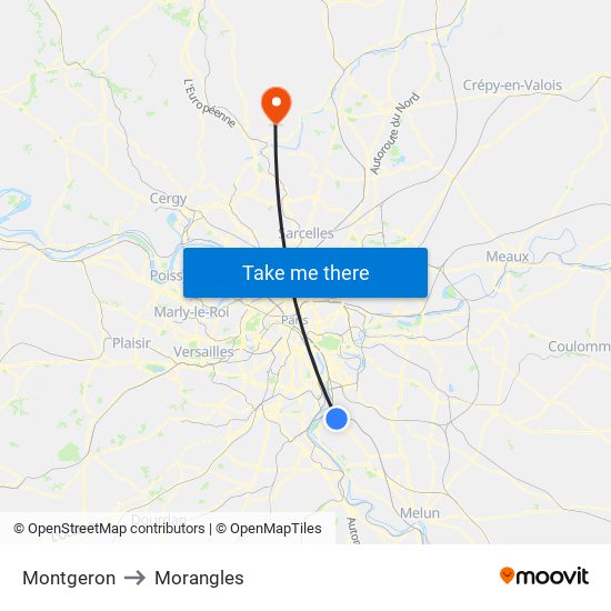 Montgeron to Morangles map