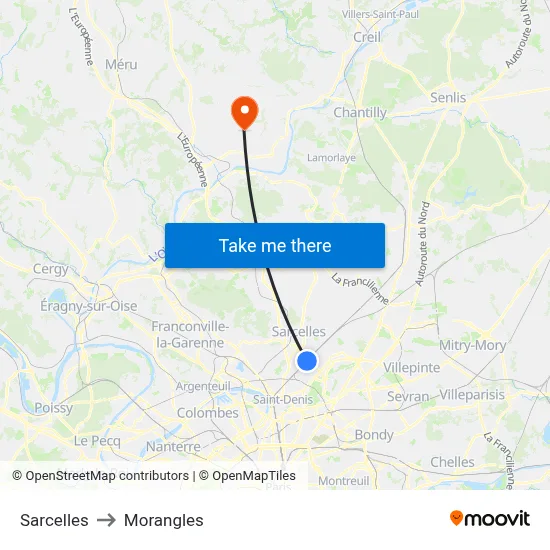 Sarcelles to Morangles map