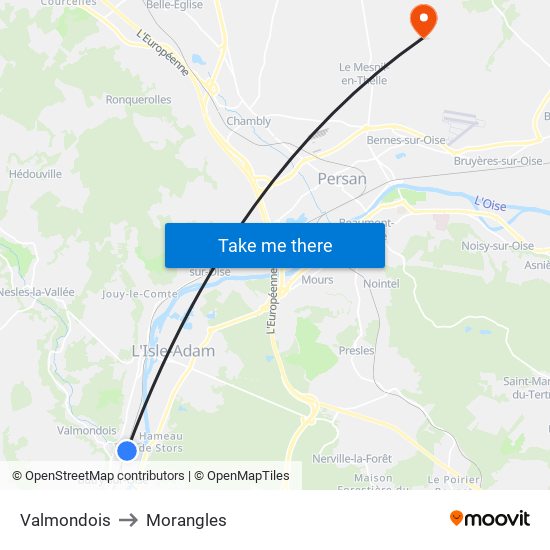 Valmondois to Morangles map