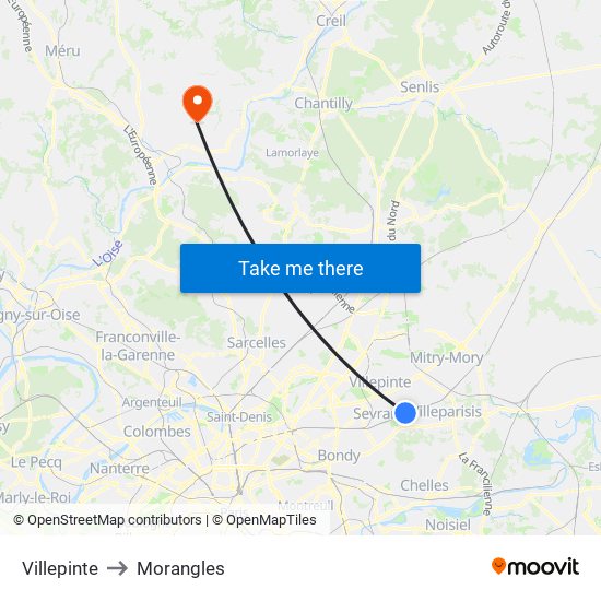Villepinte to Morangles map