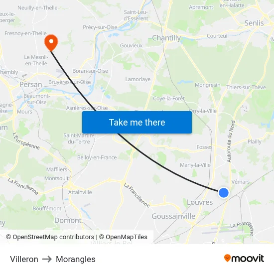 Villeron to Morangles map