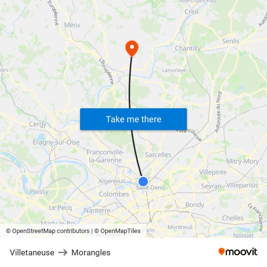 Villetaneuse to Morangles map