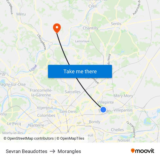 Sevran Beaudottes to Morangles map