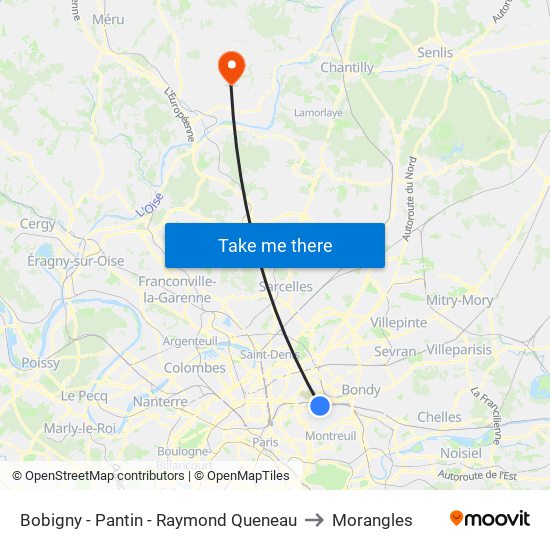 Bobigny - Pantin - Raymond Queneau to Morangles map