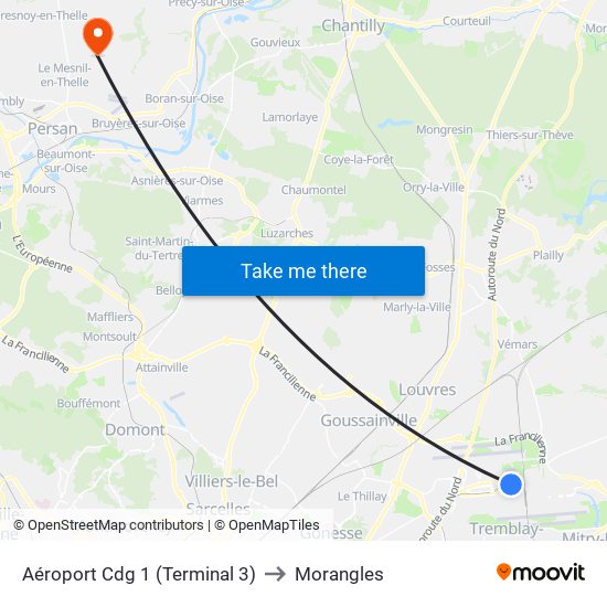 Aéroport Cdg 1 (Terminal 3) to Morangles map