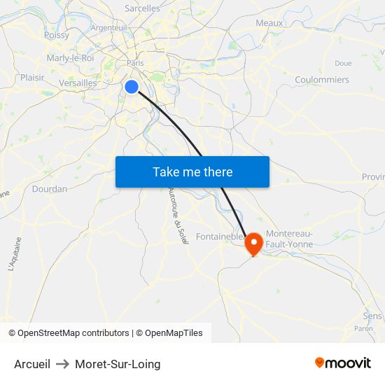 Arcueil to Moret-Sur-Loing map