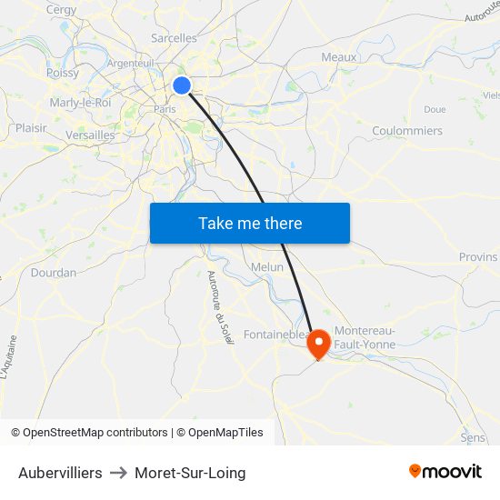 Aubervilliers to Moret-Sur-Loing map