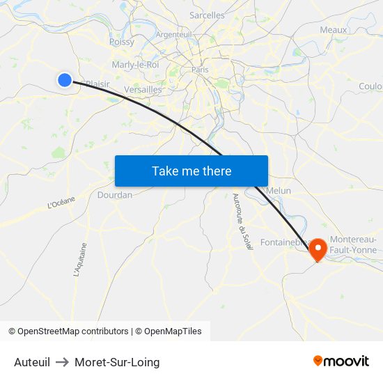 Auteuil to Moret-Sur-Loing map