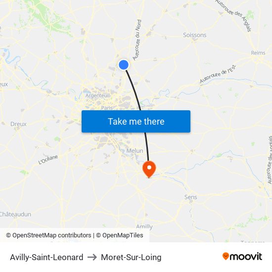 Avilly-Saint-Leonard to Moret-Sur-Loing map