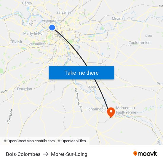 Bois-Colombes to Moret-Sur-Loing map