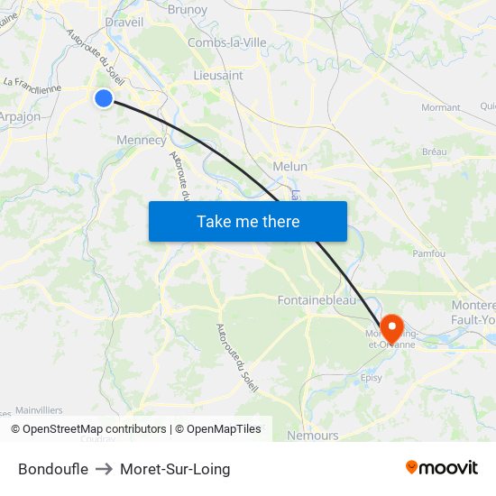 Bondoufle to Moret-Sur-Loing map