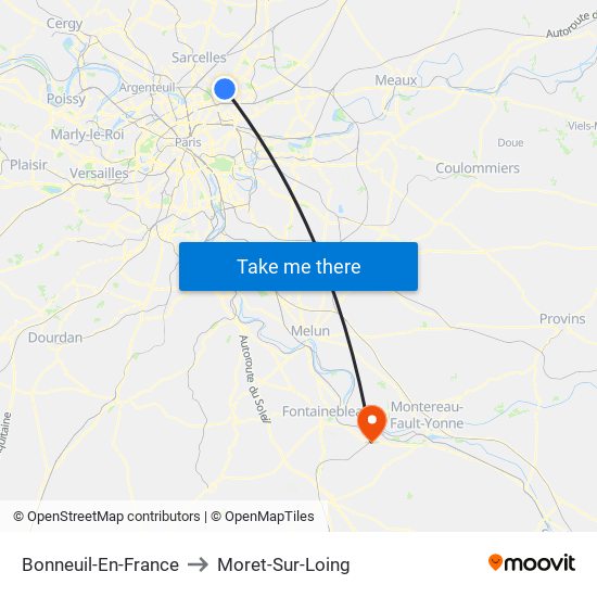 Bonneuil-En-France to Moret-Sur-Loing map
