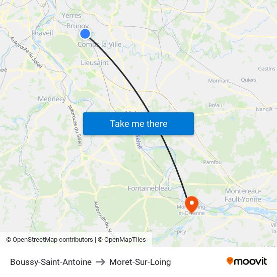 Boussy-Saint-Antoine to Moret-Sur-Loing map