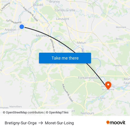 Bretigny-Sur-Orge to Moret-Sur-Loing map