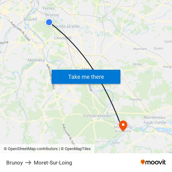 Brunoy to Moret-Sur-Loing map