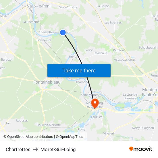 Chartrettes to Moret-Sur-Loing map