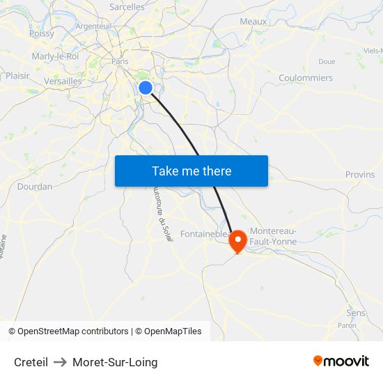 Creteil to Moret-Sur-Loing map