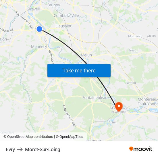 Evry to Moret-Sur-Loing map