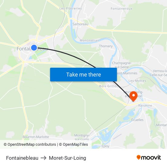 Fontainebleau to Moret-Sur-Loing map