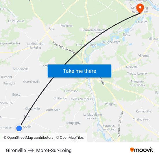 Gironville to Moret-Sur-Loing map