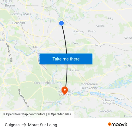 Guignes to Moret-Sur-Loing map