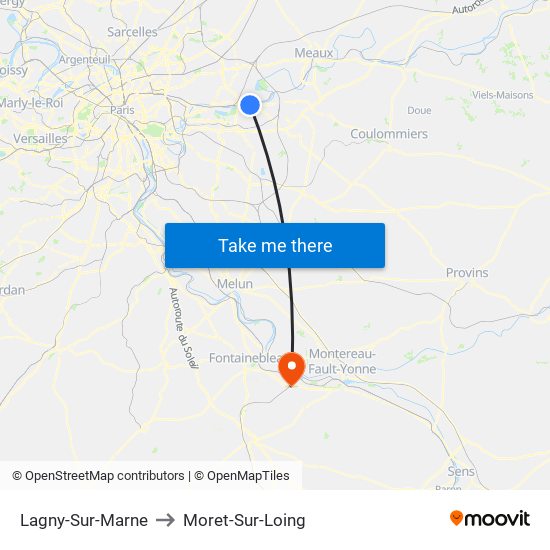 Lagny-Sur-Marne to Moret-Sur-Loing map