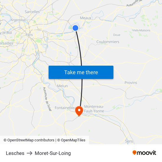 Lesches to Moret-Sur-Loing map