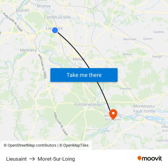 Lieusaint to Moret-Sur-Loing map