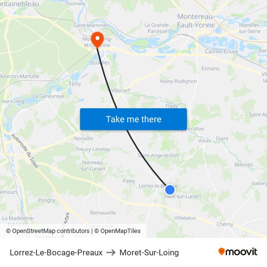 Lorrez-Le-Bocage-Preaux to Moret-Sur-Loing map