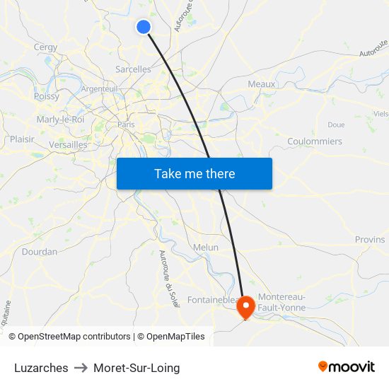 Luzarches to Moret-Sur-Loing map