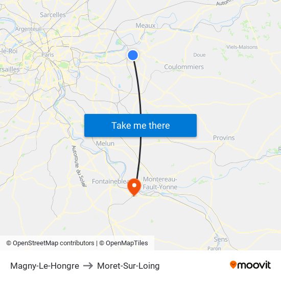 Magny-Le-Hongre to Moret-Sur-Loing map