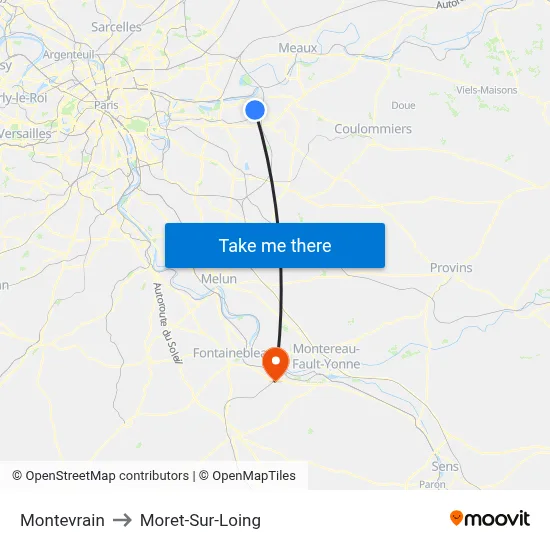 Montevrain to Moret-Sur-Loing map