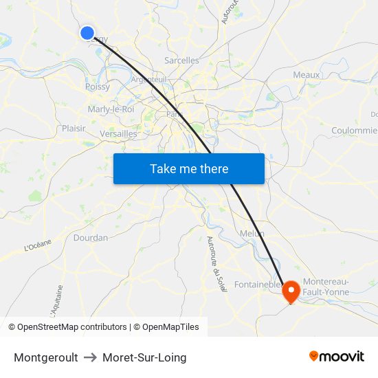 Montgeroult to Moret-Sur-Loing map