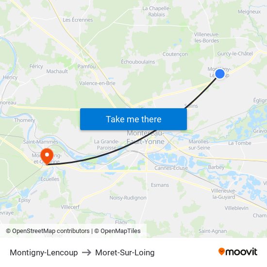 Montigny-Lencoup to Moret-Sur-Loing map