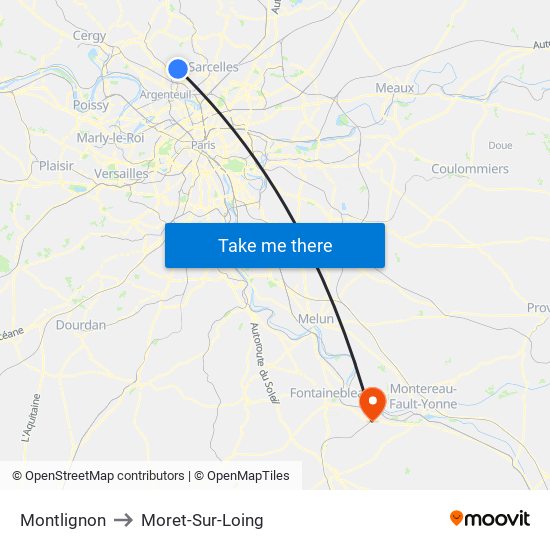 Montlignon to Moret-Sur-Loing map