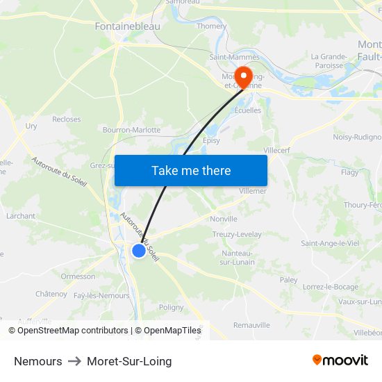 Nemours to Moret-Sur-Loing map