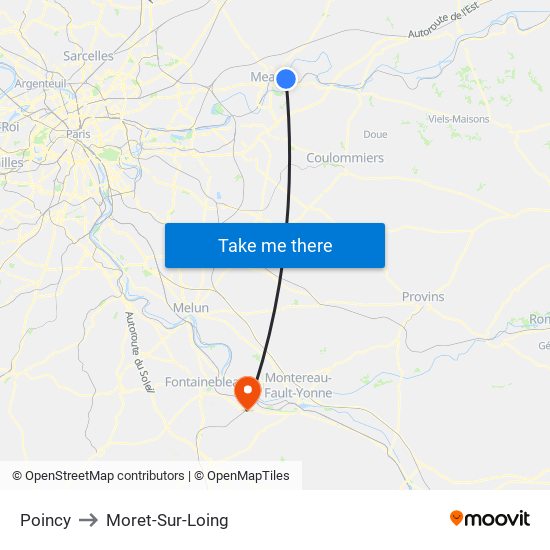 Poincy to Moret-Sur-Loing map