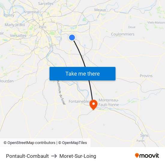 Pontault-Combault to Moret-Sur-Loing map