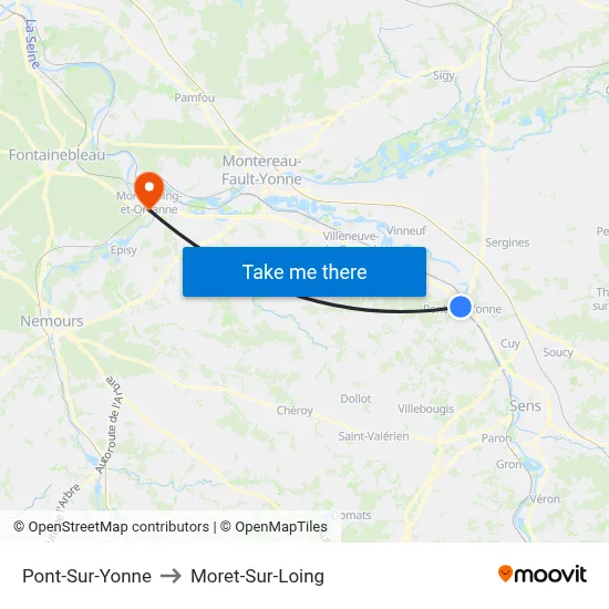Pont-Sur-Yonne to Moret-Sur-Loing map