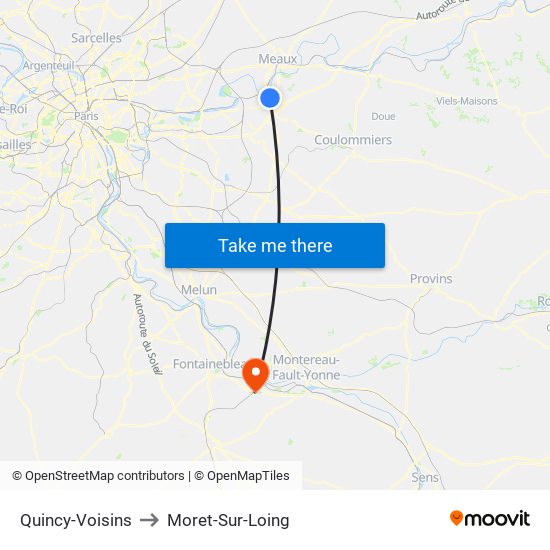 Quincy-Voisins to Moret-Sur-Loing map