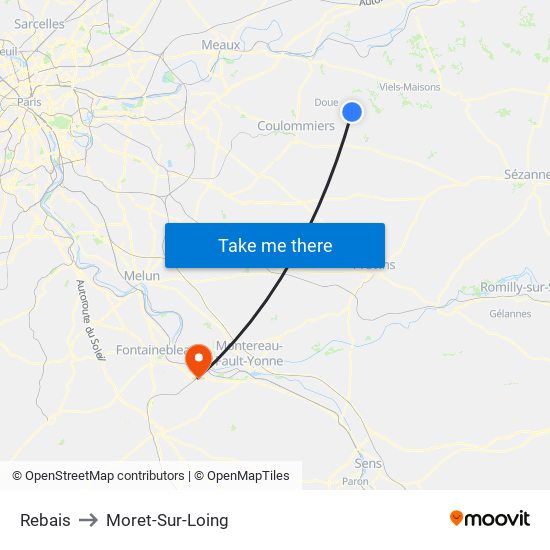 Rebais to Moret-Sur-Loing map
