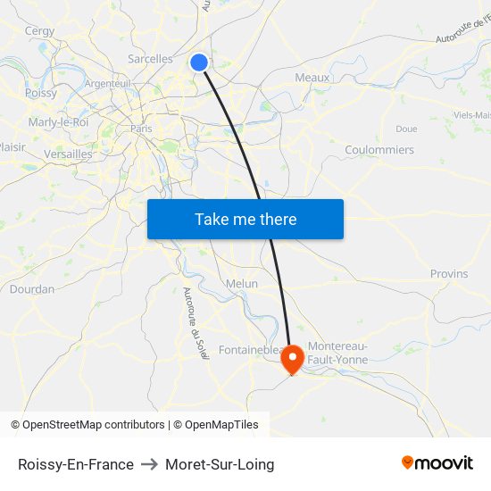 Roissy-En-France to Moret-Sur-Loing map